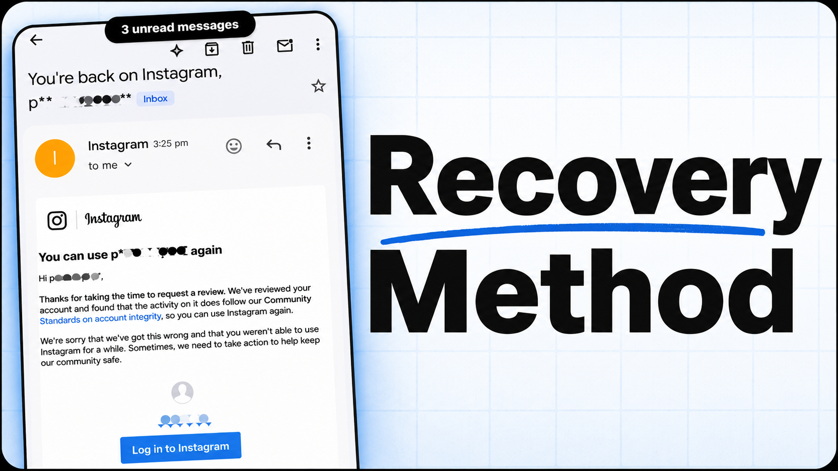 Instagram email confirming a permanently banned account was recovered